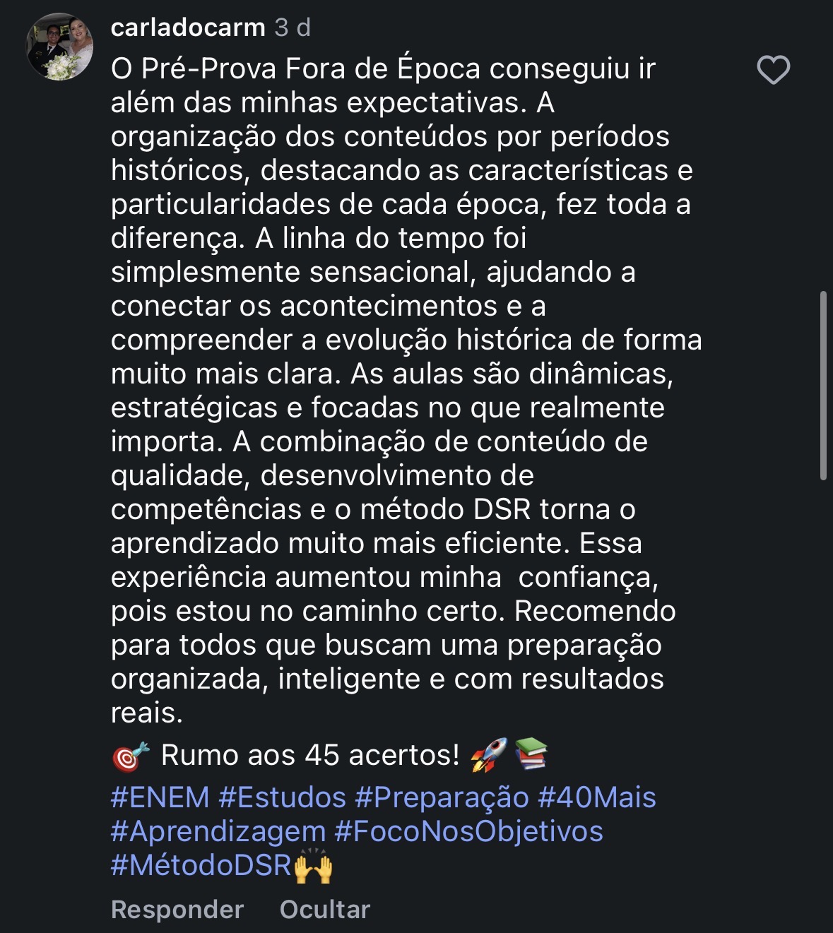 Depoimento de aluna sobre o Pré-Prova